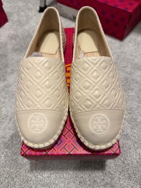 Tory Burch Quilted Cream Leather Espadrille Slip-Ons